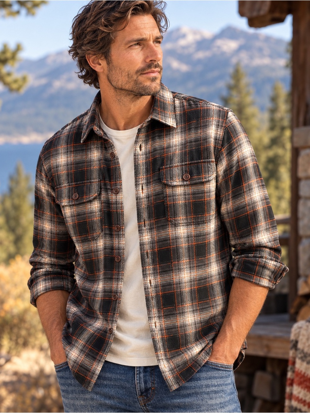 Lucky Brand Men L Saturday Stretch Plaid Flannel Shirt Classic Fit Gray Orange